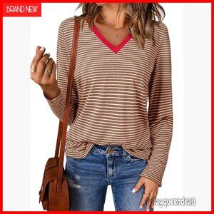 Long Sleeve V-Neck T-Shirt Loose Fit Casual Basic Tee Women's Top